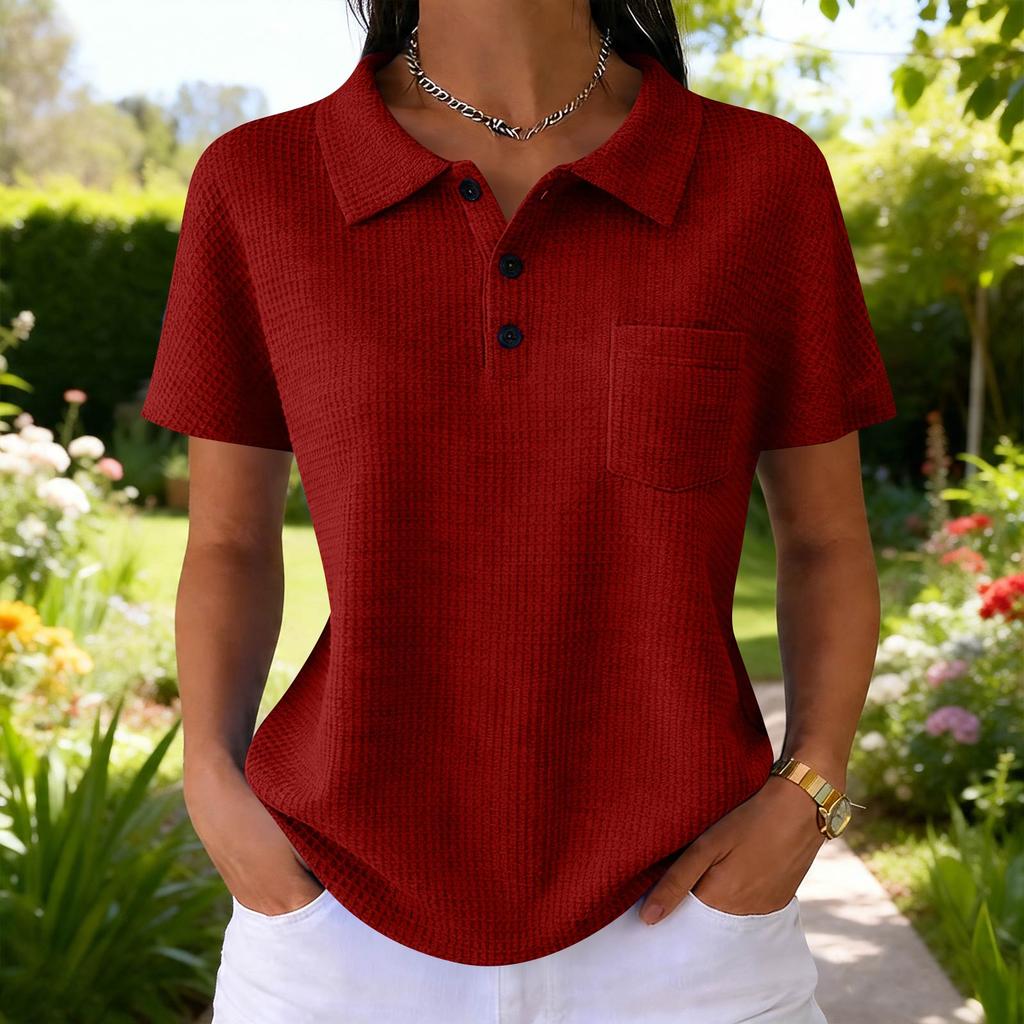 Women's Fashion Color T-Shirt — Vintage V-Neck, Button-Front, -Knit — Casual Short-Sleeve Top for Daily Commuting (Spring/Summer)