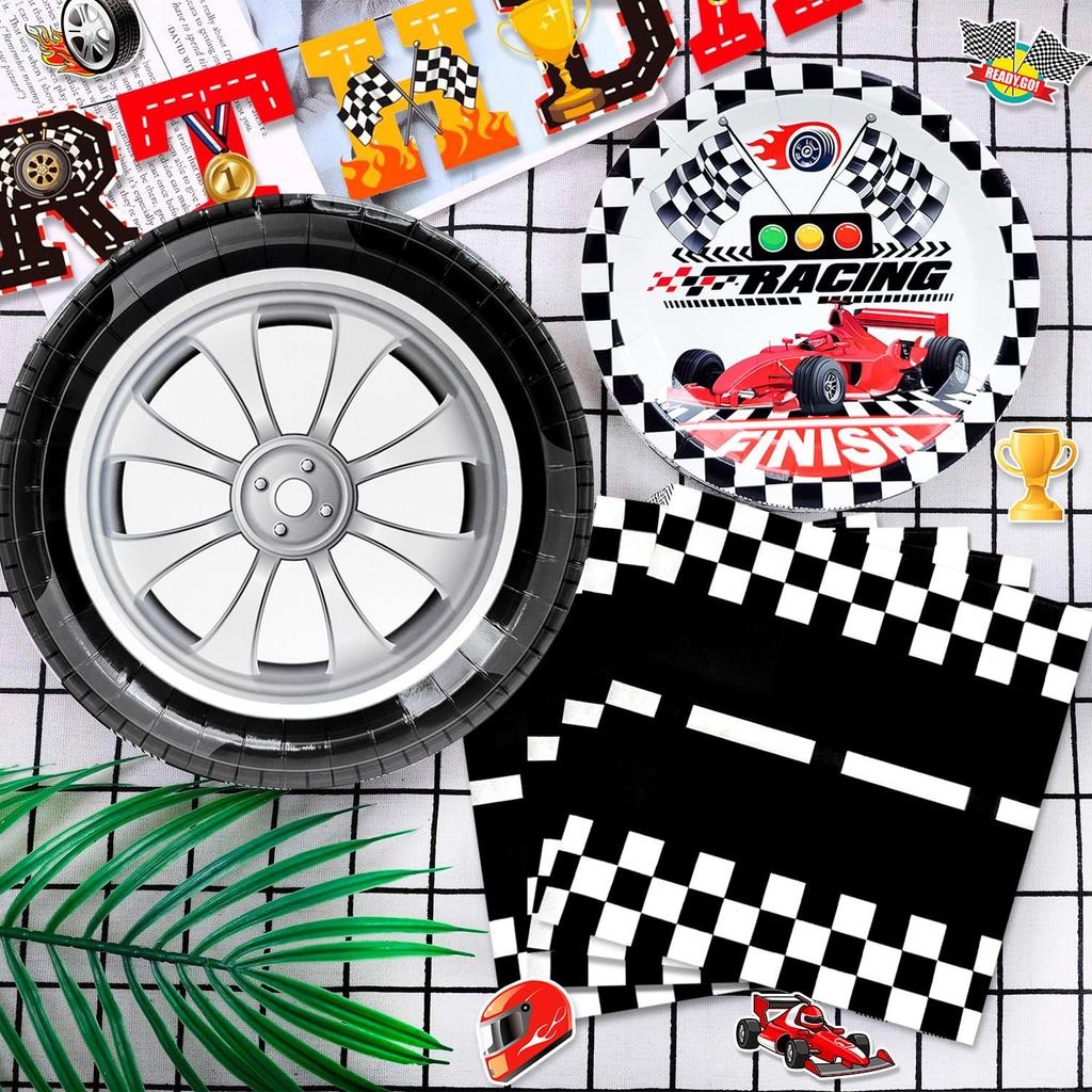 Rennauto-Geburtstagsdekorationen, Rennauto-Geburtstagsparty-Dekorationen, Partygeschirr-Set, Geburtstagsteller, Servietten, Luftballons, hängende Wirbel usw.
