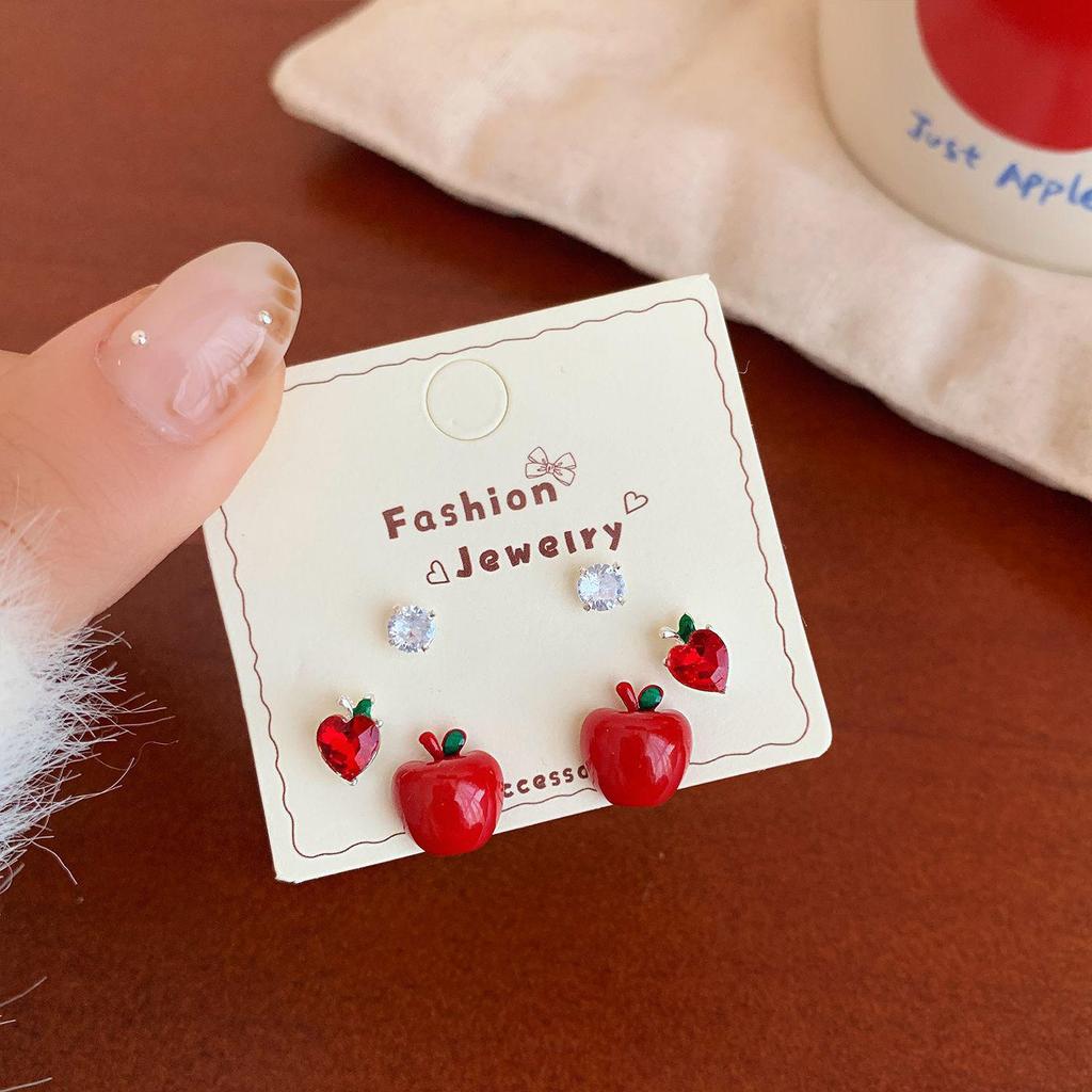 Christmas Red Apple & Cherry Stud Earrings - Women's Silver Needle Autumn/Winter Fruit Jewelry Set