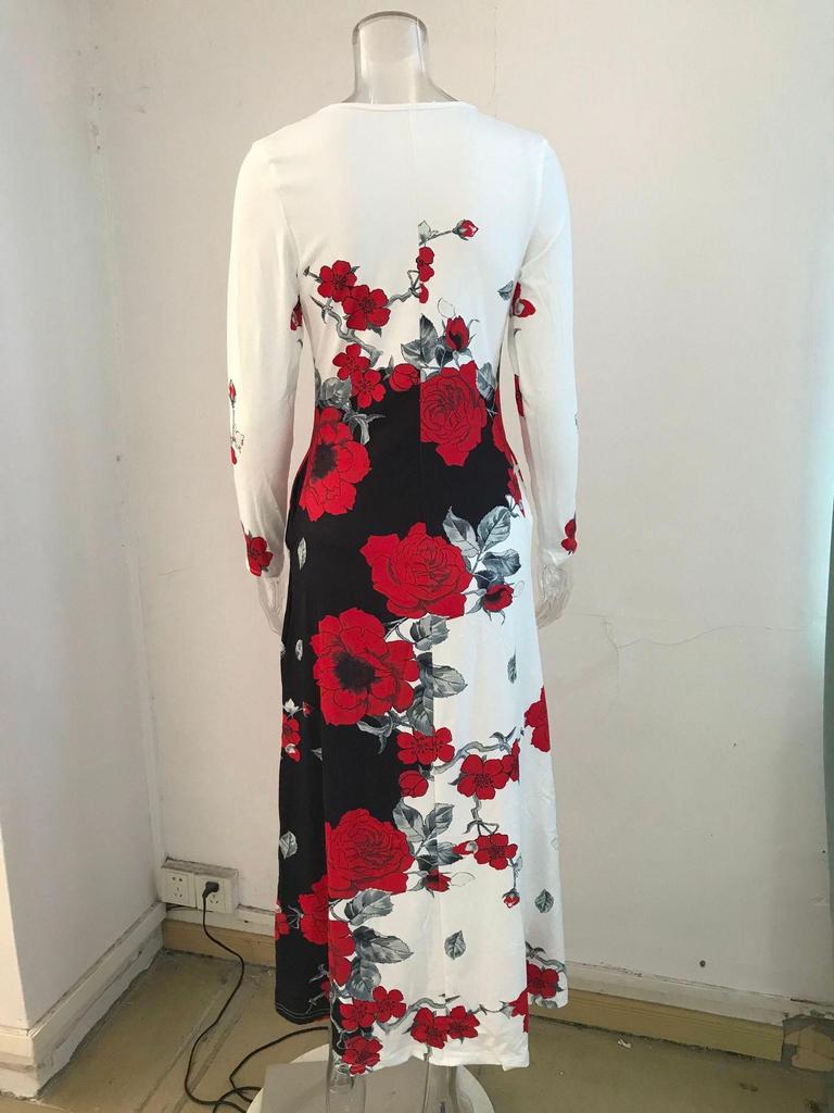 Elegant Plus Size Long Sleeve Printed Dress with Pockets and High Waist Hem