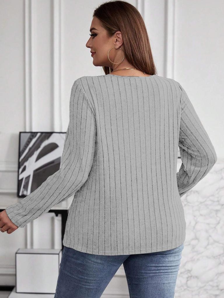 2025 Autumn/Winter Plus Size Solid Color V-Neck Long Sleeve Ribbed Pullover T-shirt