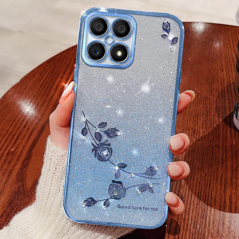 

KADEM For Honor X30i/Honor X8 4G Rhinestone Flower Back Case Gradient Glitter TPU Phone Cover Blue