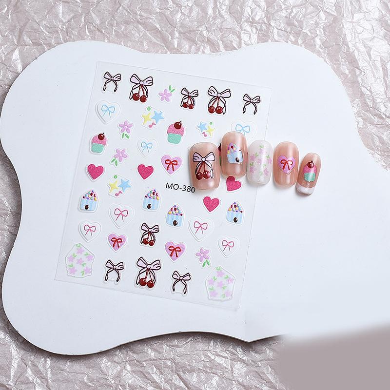 

3D Sweet Nail Art Sticker Designs Embossed Cake Bow Cherry Love Nail Decal Самоклеюча манікюрні аксесуари своїми руками Декорація