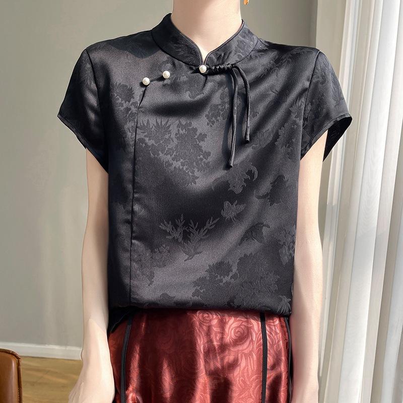Letní dámské tričko Silk Standing Collar Plate Button Tričko Vintage potištěné saténové topy s krátkým rukávem