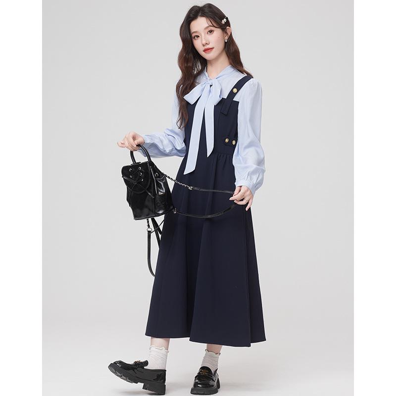 Autumn Design Feeling Waist and Thin Fake Two-piece Faculty Interview Long-sleeved Dress