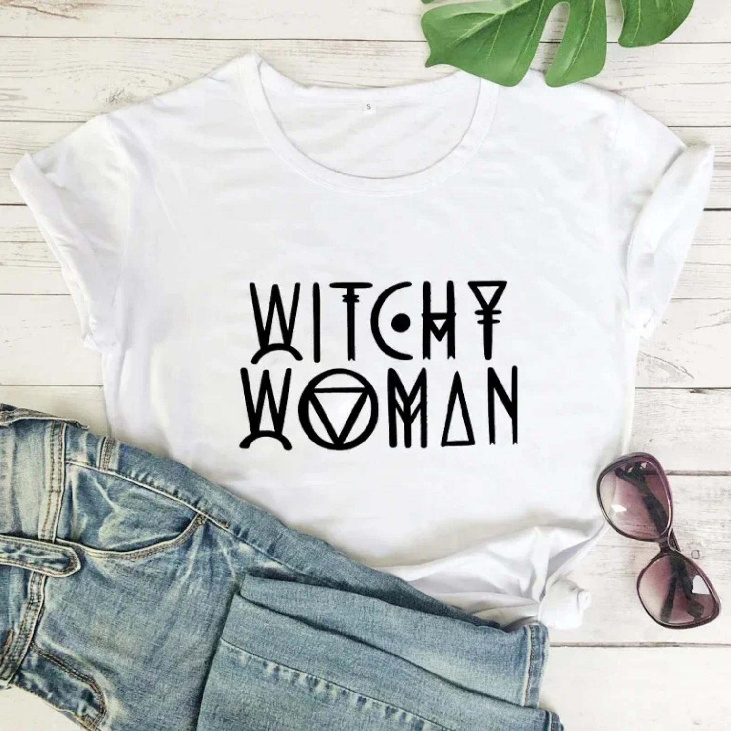

2024 New Style European and American Cross-Border Trade WITCHY WOMAN Round Neck Casual Fun Summer T-Shirt In Stock Cotton Materi XXXXXL білий