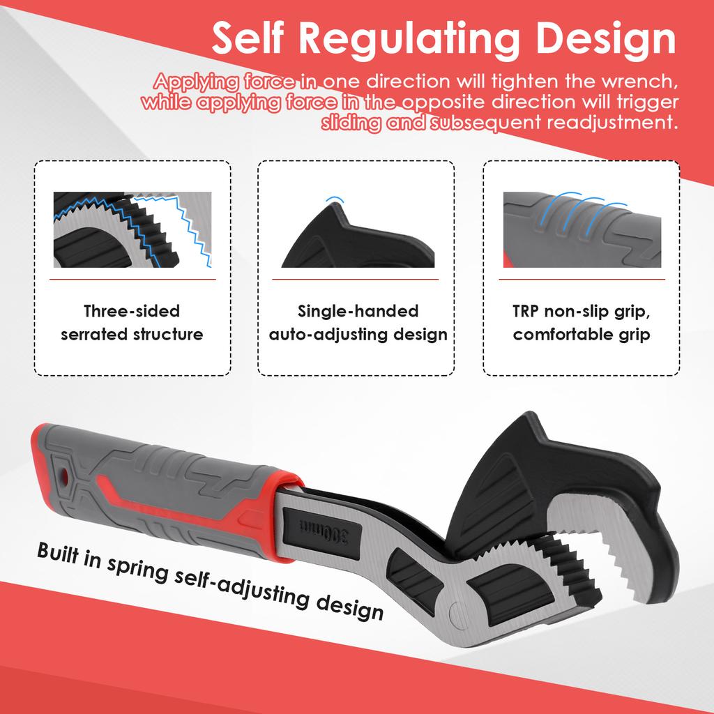 6"8"10"12" Self Adjusting Wrench Universal Plumber Wrench Pipe Wrench Set for 0.27"-1.69"/7-43mm Standard Nut Irregular Nut Pipe