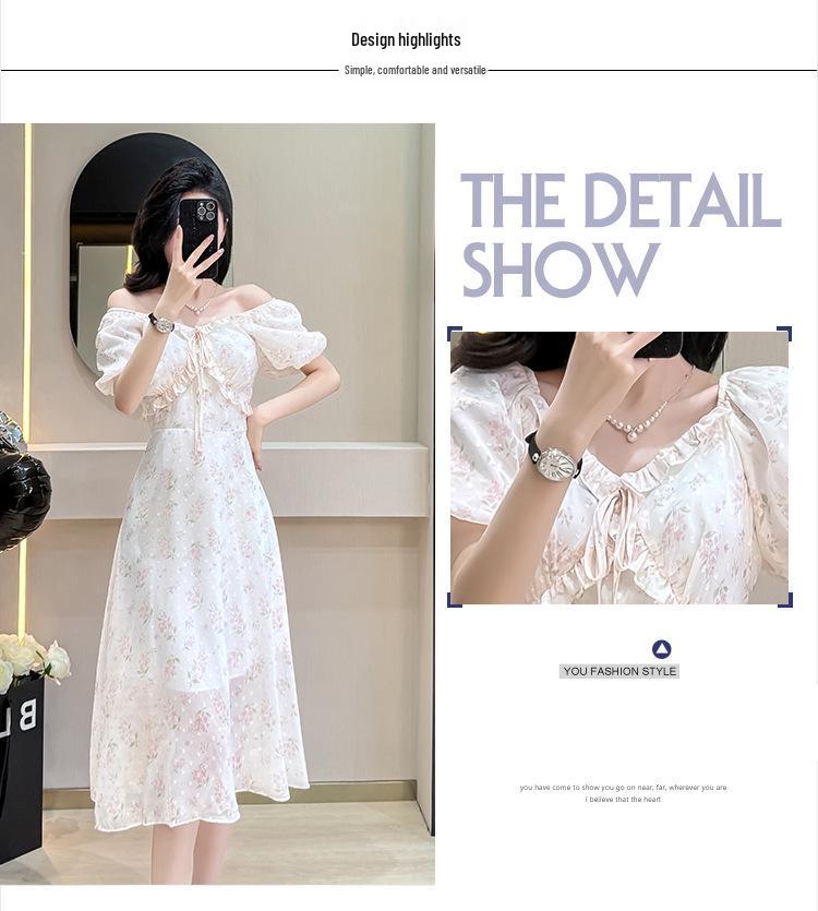 Summer Ruffle Collar Print Dress: Mid-Length Puff Sleeve, Off-the-Shoulder, Two-Way Wear