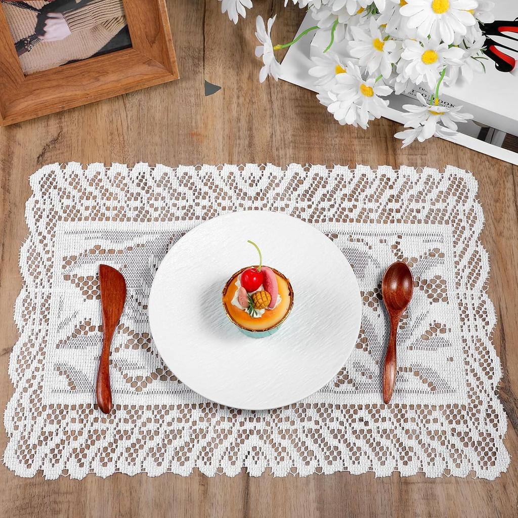 Rectangle Lace Placemats for Tables, 2 PCS White Lace Placemats Vintage White Laces Tablemats Embroidered Crochet Placemat Cloth Laces Floral Table