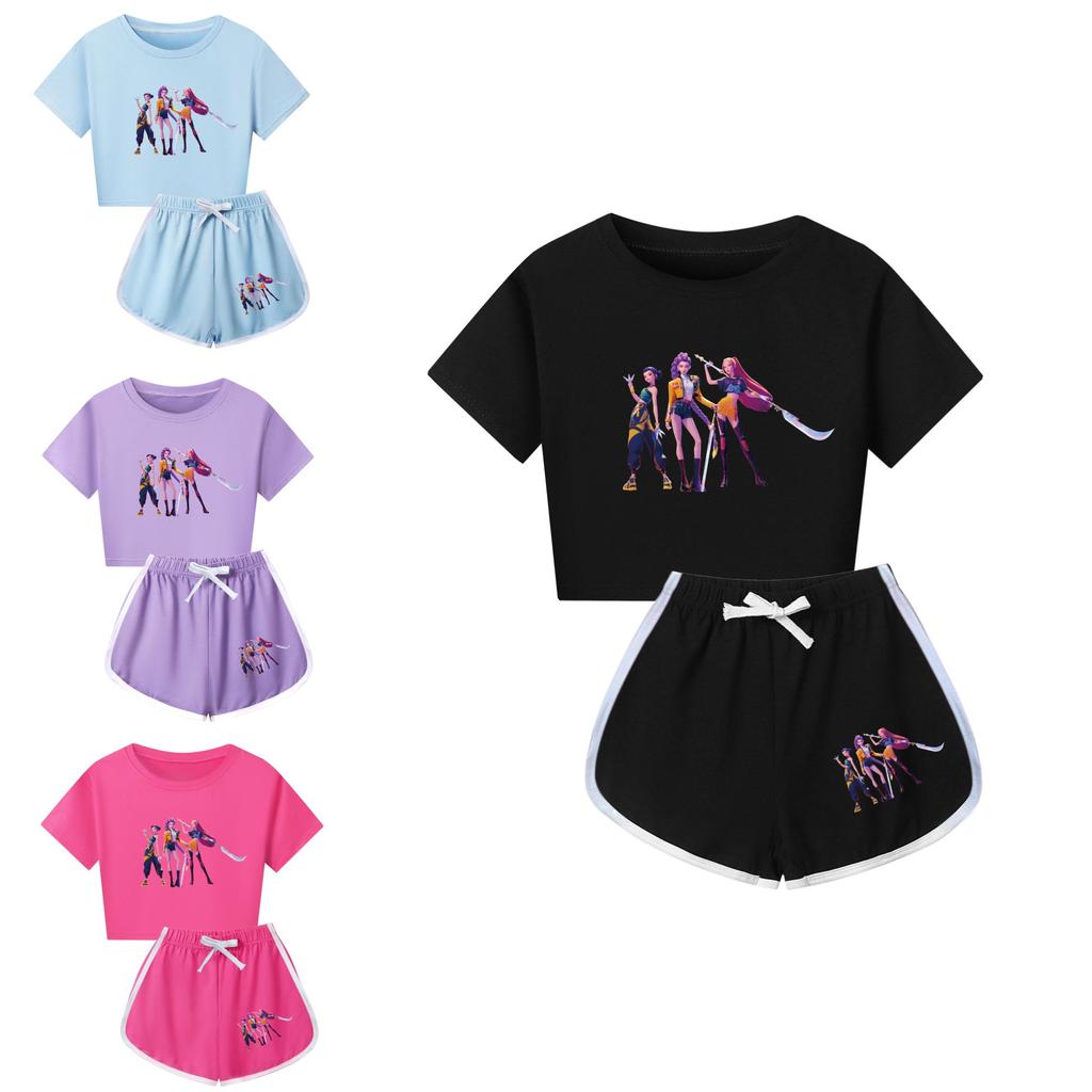 Set Pigiama a Maniche Corte con Pantaloncini Stampa Demon Hunters Kpop per Bambino in Misto Poliestere Cotone per Pigiami di Famiglia