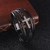 Men's Black Leather Bracelet Braided Silver Cross Surgical Steel