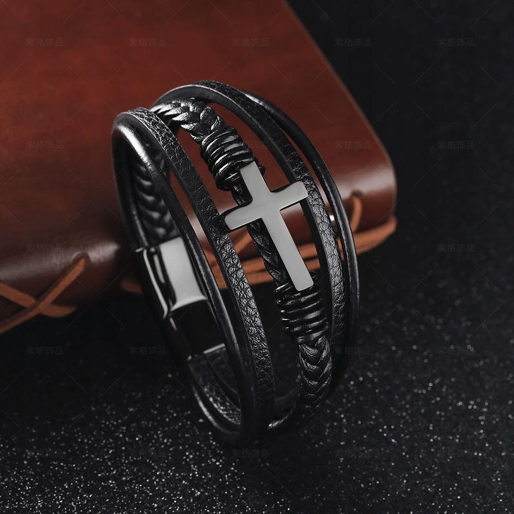 Men's Black Leather Bracelet Braided Silver Cross Surgical Steel