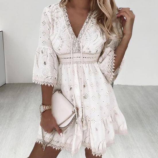 Kobiety Letnia Sukienka Dekolt V Wycięcie Rękawy Trzy Czwarte Frędzle Haft Sukienka do Przebierania Jednolita