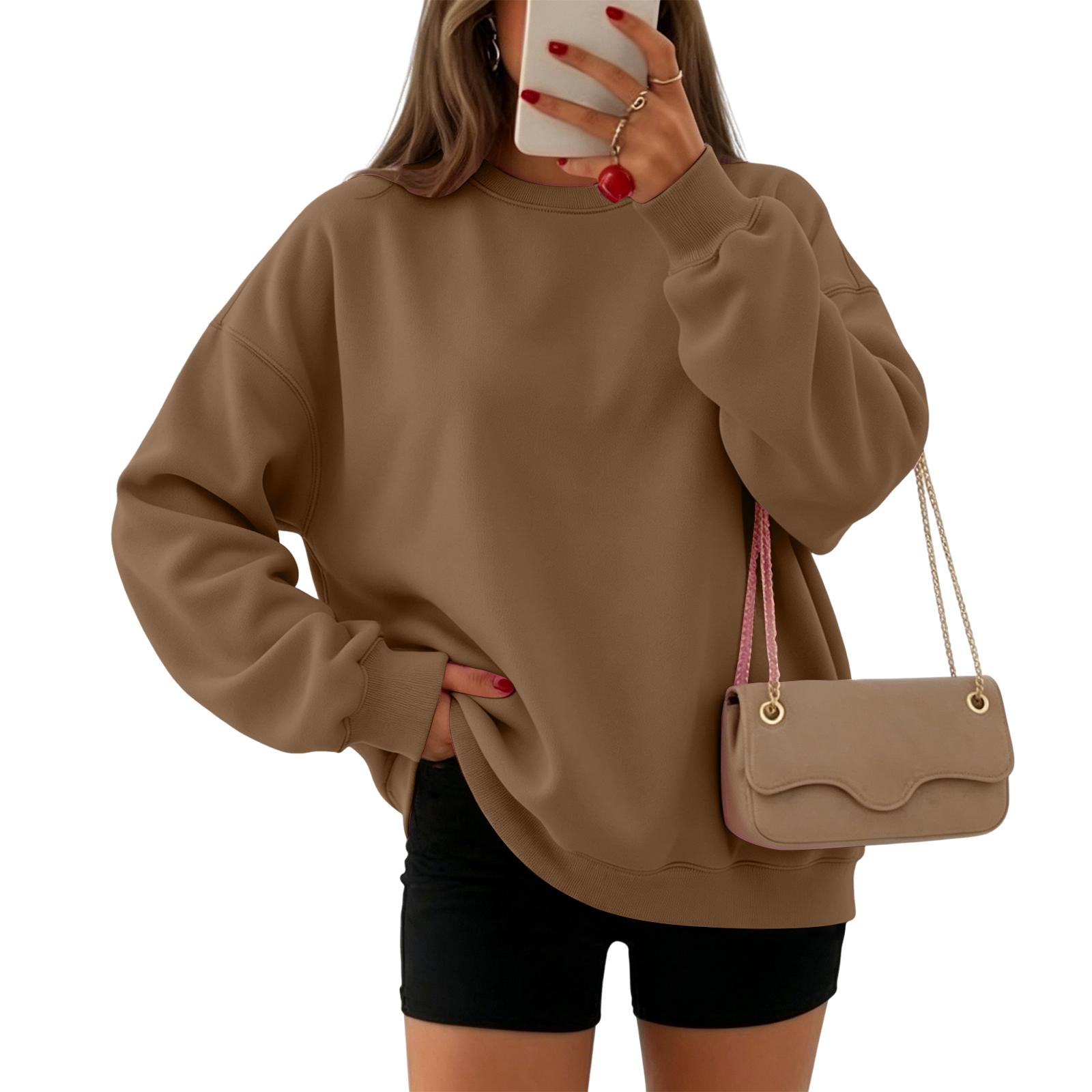 Women s Round Neck Loose Fit Pullover Hoodie Sweatshirt for Casual Daily Wear L