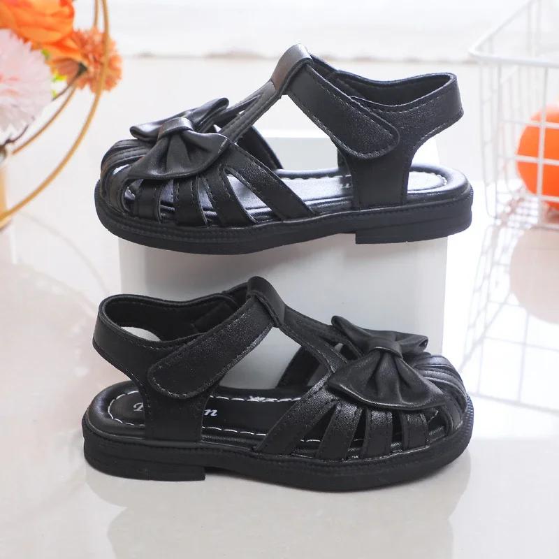 Cute Girls Sandals Bow Peep-toe New Soft Hook & Loop Beige Kids Princess Shoes Casual Sandals Cute Children Shoes Non-slip