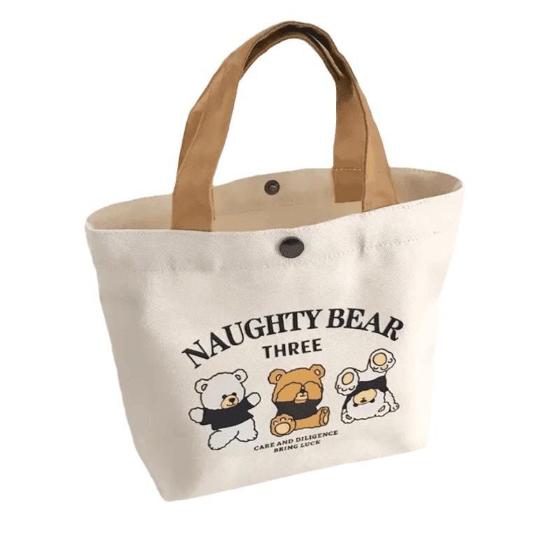 Bear Canvas Bag, Portable Tote Bag, Small Cartoon Canvas Bag for Lunch Boxes, Versatile and Simple Carrying Bag