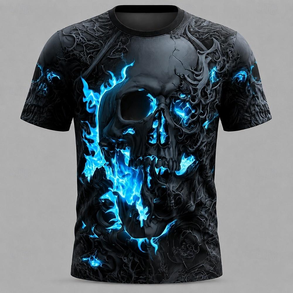 T-shirt da uomo con stampa teschio fiamma luminosa, stampa 3D completa, manica corta, girocollo, abbigliamento casual da strada, top estivo