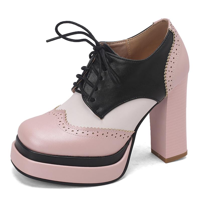 

ANNYMOLI Women Pumps Round Toe Chunky High Heels Lace-up Mixed Colors Platform Ladies Fashion Shoes Spring Autumn Brown 43 39 рожевий