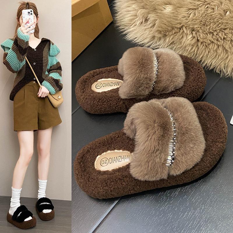 Thick-soled rhinestone fluffy slippers for women wearing new small trendy cotton slippers heightening shoes