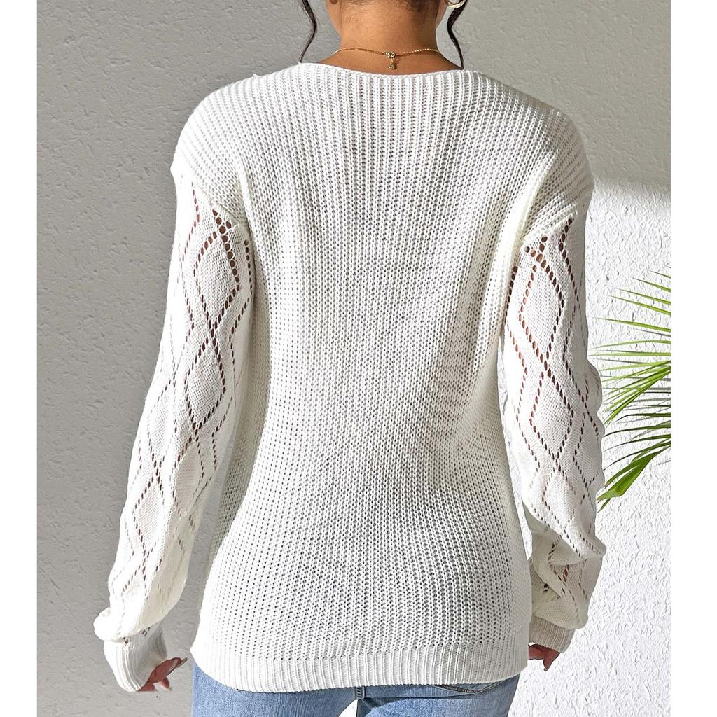 Women's Loose Casual Lace V Neck Long Sleeved Knitted Pullover Sweater Top Sweater Top