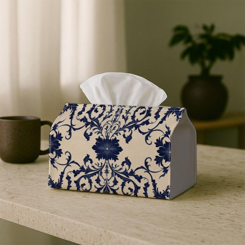 2D Flat,1pc Blue Damask Pattern Tissue Box Cover | Classic Floral Napkin Holder for Home, Kitchen, and Car Decor | Multi-Functional Polyester Fabric T