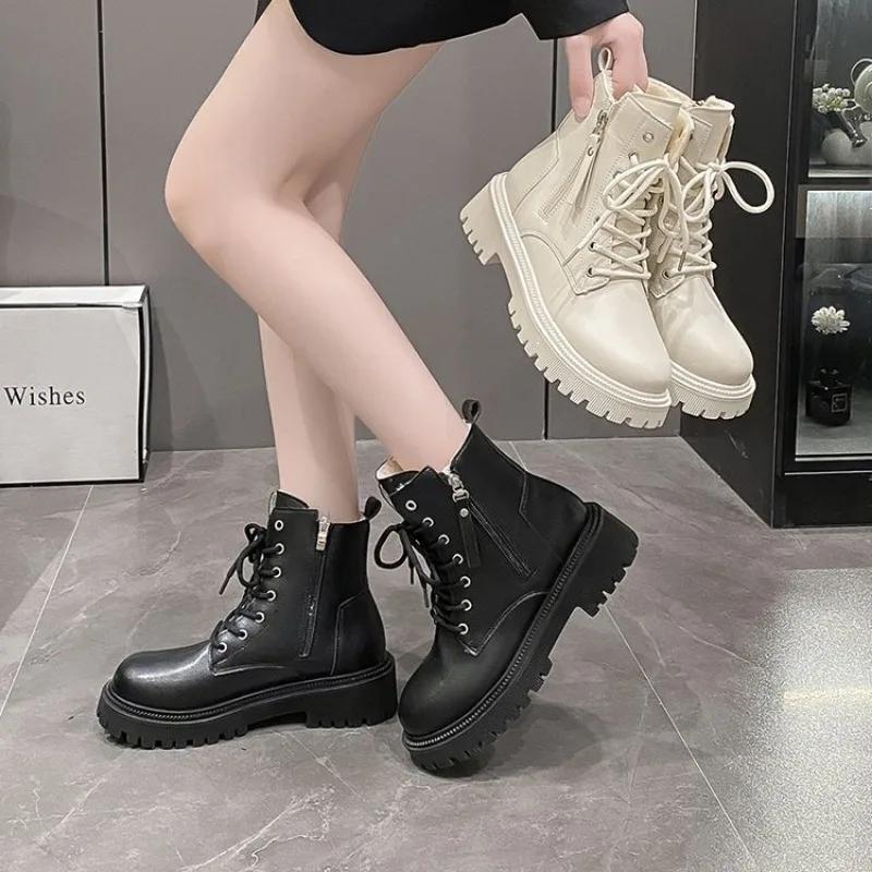 Fashion 2024 New Korean Fashion Casual Knight Autumn Biker Boot Platform Short Thick Bottom Black Ankle Boots Woman