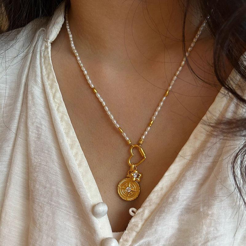 

Classic retro round diamonds inlaid relief star pendant heart-shaped elliptic pearl Necklace for Women banquet jewelry gift золотой