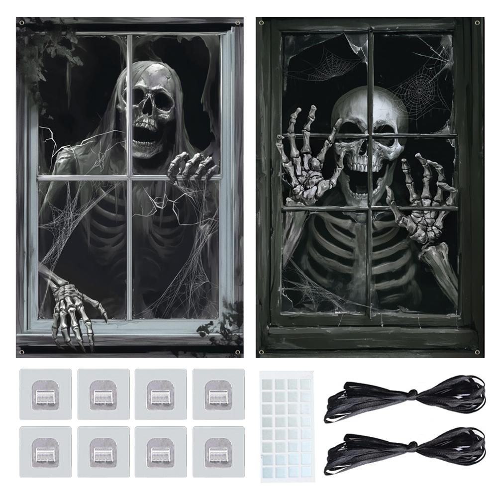 Halloween Horror Window Door Cover Terrifying Printed Ghost Window Cover Eerie Scary Tapestry for Indoor/Outdoor Party Decor