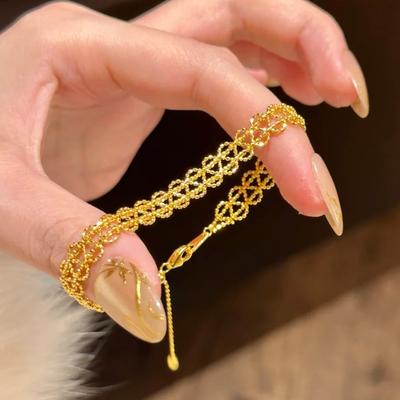 Luxurious 9999 24K Real Gold Ribbon Corrugated Lace Bracelet Niche Versatile Stacked Hand Jewelry