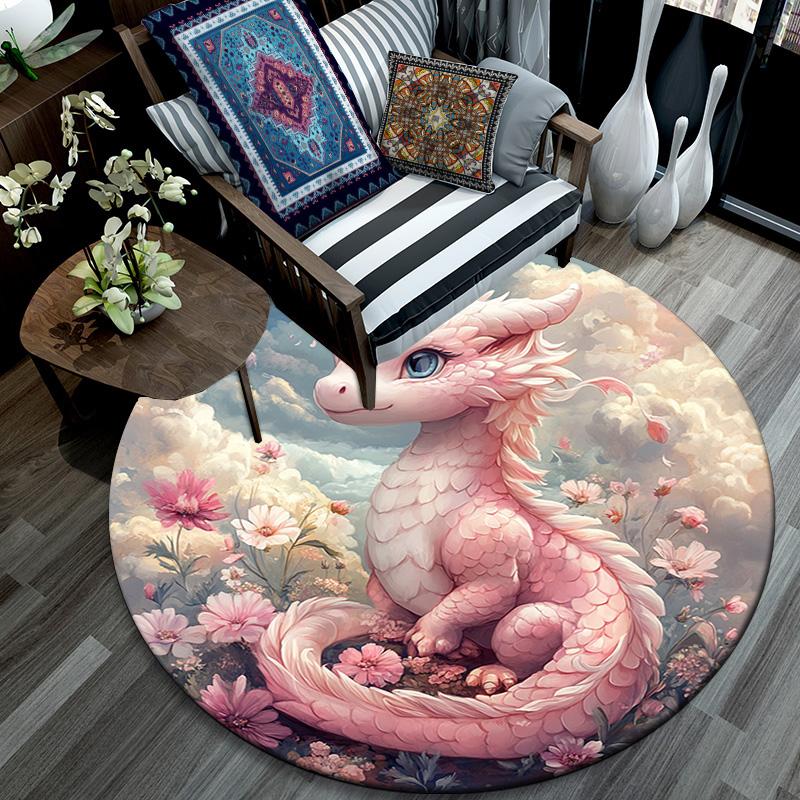 Pink Dragon Round Area Rug,Carpet Rug for Living Room Bedroom Sofa Playroom Decor,Non-slip Floor Mat