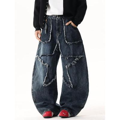 Unisex Retro Star Design Frayed Edge Wide Leg Jeans