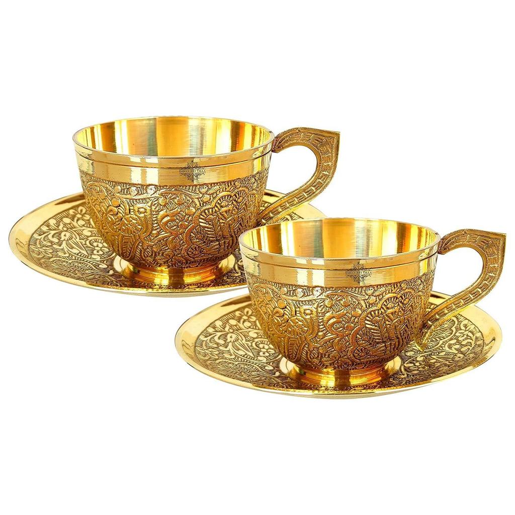 Tasse et soucoupe en laiton pur avec motif en relief, pour servir le thé, le café, vaisselle