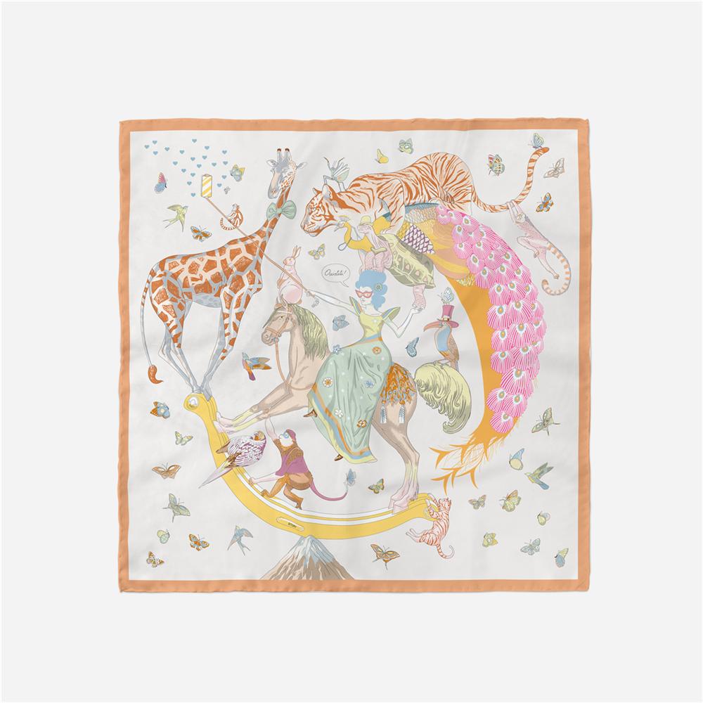Twill Silk Scarf Woman Animals Painting Square Scarves Wraps Bandana Small Hijab Silk Foulards Tie Headband Neckerchief 53CM
