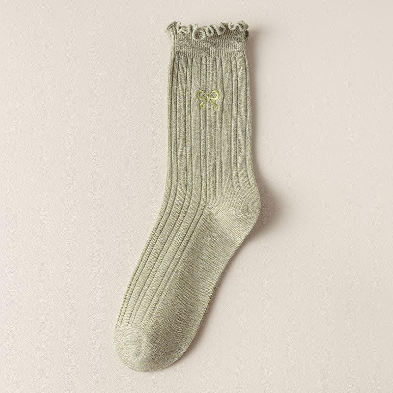 Ladies Spring and Autumn Thin Wooden Ear Embroidered Bow In The Tube Pile Pile Cotton Socks