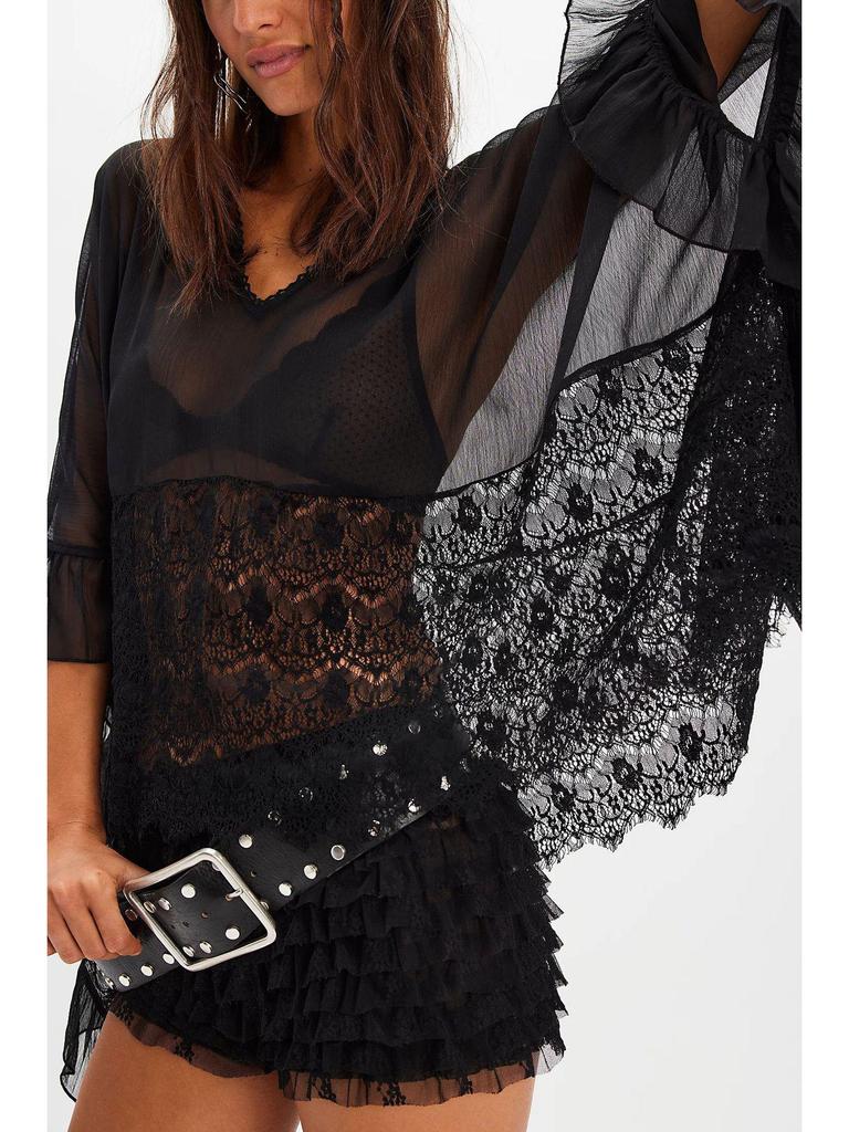 Women's Batwing Sleeve Mesh Cover-up: Spring/Summer Loose Beach Top with Lace Patchwork and Sun Protection.