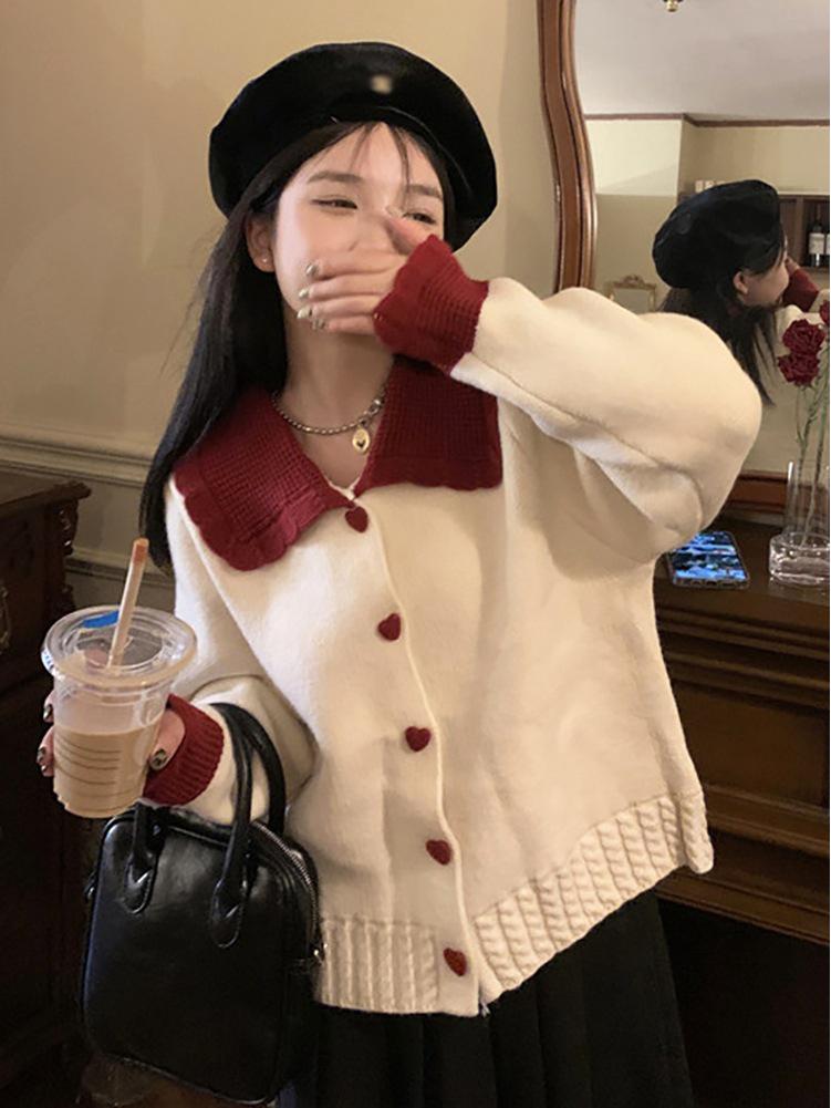 2025 Color Block Red Peter Pan Collar Knit Cardigan for Women