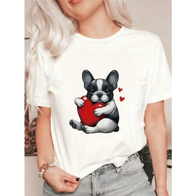 Oversized T Shirt Black French Bulldog Holding Heart Print Casual Wear For Women And Girls Summer Outfit Cute Animal Design Valentine Day Gift Idea