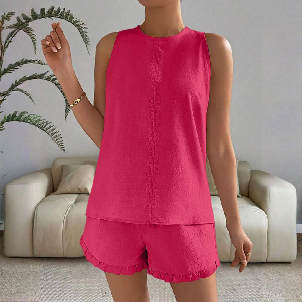Women's Fashion Casual Summer Solid Color Sleeveless Tops Ruffle Soft Comfortable Shorts Set