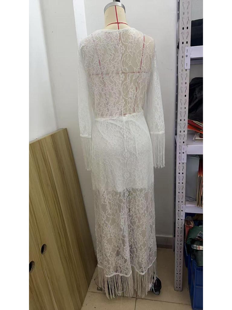 Retro White Lace V-Neck Long Sleeve Tassel High-Low Skirt