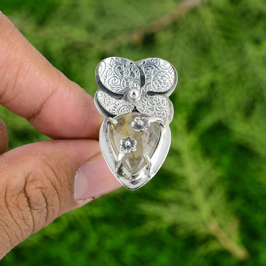 Mothers day Deal 925 Silver Golden Rutile Stone Solitaire Daughter Flower Ring