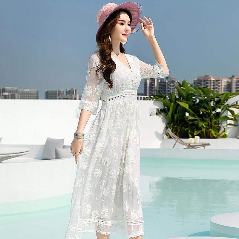 Elegant V-Neck Mulberry Silk White Maxi Dress – Short-Sleeve Summer Beachwear