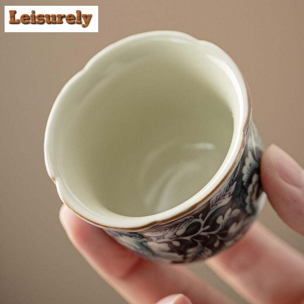 2pc/set Antique Blossoms Flower Ceramic Teacup Ru Kiln Flower Mouth Cup Small Master Cup Tasting Tea Bowl Kung Fu Teaware 40ml