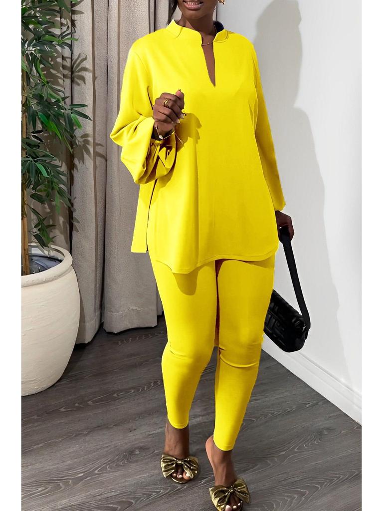 Elegant Two-Piece Set: V-Neck Split Top & Solid Color Skinny Pants