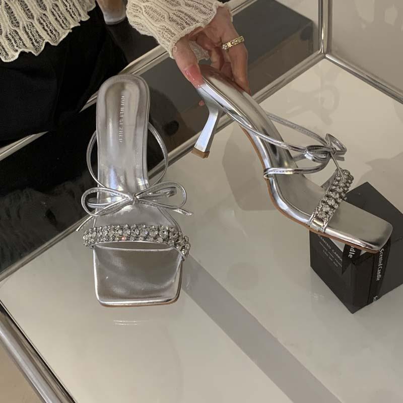 Small sandals wear a word diamond with bow square heel sandals high heel slippers women