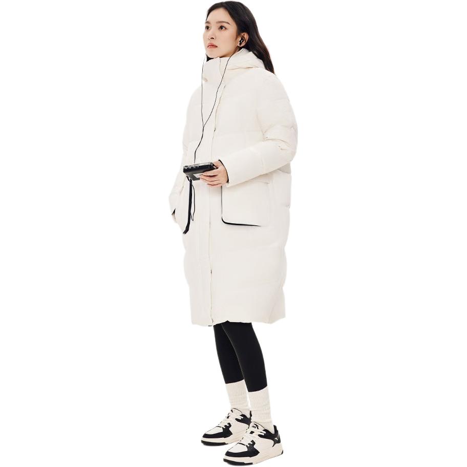 Anta Comprehensive Training Series Solid Color Zipper Hooded Mid-Length Down Jacket Women Outerwear Paper-White 162417903-1