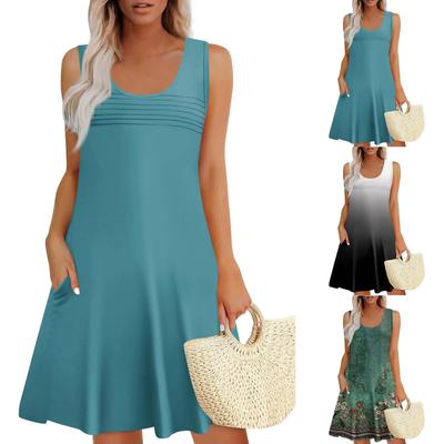 Damen Sommerkleider Lockerer U-Ausschnitt Ärmelloses Sommerkleid Kleid Mit Taschen