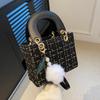 Ladies Fashion Simple Shoulder Bag Girls Cute Small Pom Pendant Handbag Small Square Bag New High Casual Crossbody Tweed Plaid