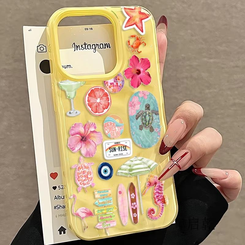 Folds Texture Soft Phone Case For iPhone 16 15 14 13 12 11 Pro Max 15 Plus Summer Ocean Flower Seahorse Turtle Print Cover