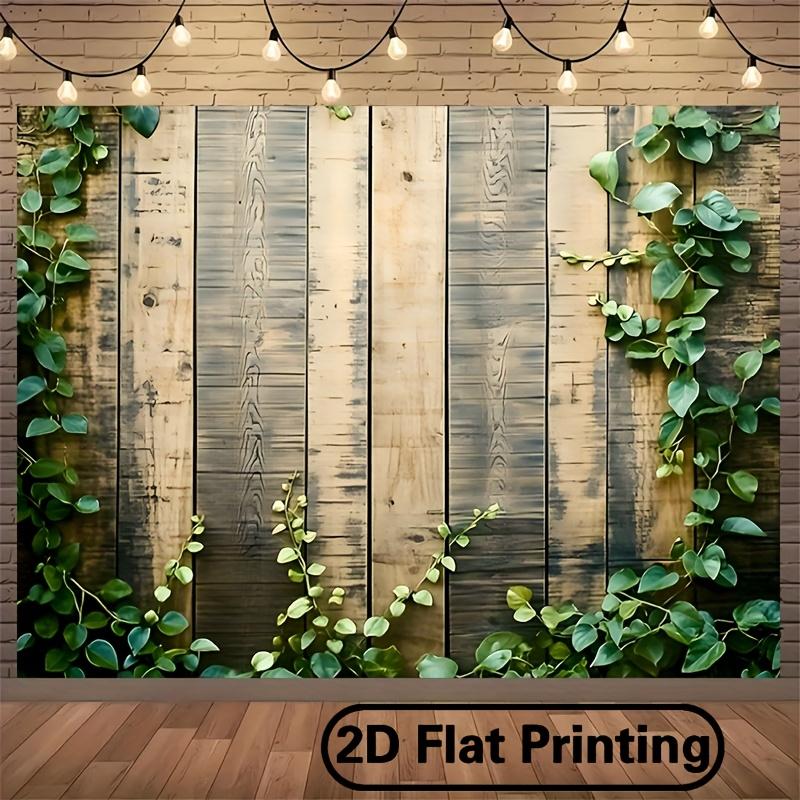 Bannière plate 2D -1 bannière de fête en fibre de polyester - Motif mur en bois et plante verte - Convient pour la décoration intérieure et les fêtes