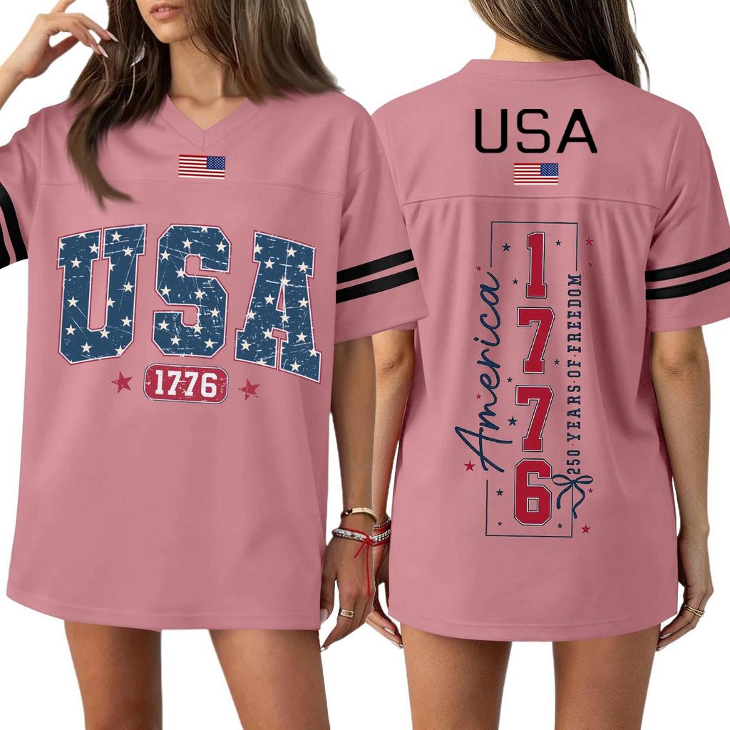 Damen Casual Mode V-Ausschnitt Sport Unabhängigkeitstag Druck Kurzarm Sport T-Shirt Top